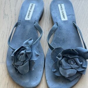 Manolo Blahnik Blue Suede Floral Slide Sandals